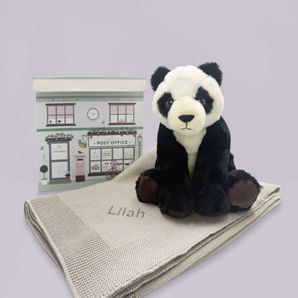 Parker Panda Soft Toy with Personalised Grey Knitted Blanket and Gift Box