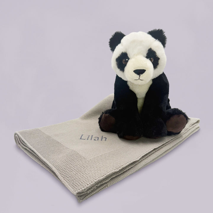 Parker Panda Soft Toy with Personalised Grey Knitted Blanket
