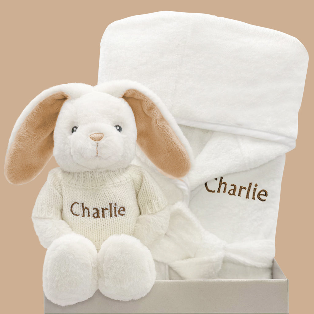 Personalised Little Bunny and Bathrobe New Baby Hamper, Beige 
