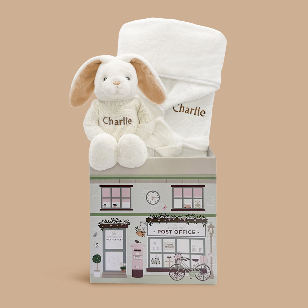 Personalised Little Bunny and Bathrobe New Baby Hamper, Beige 
