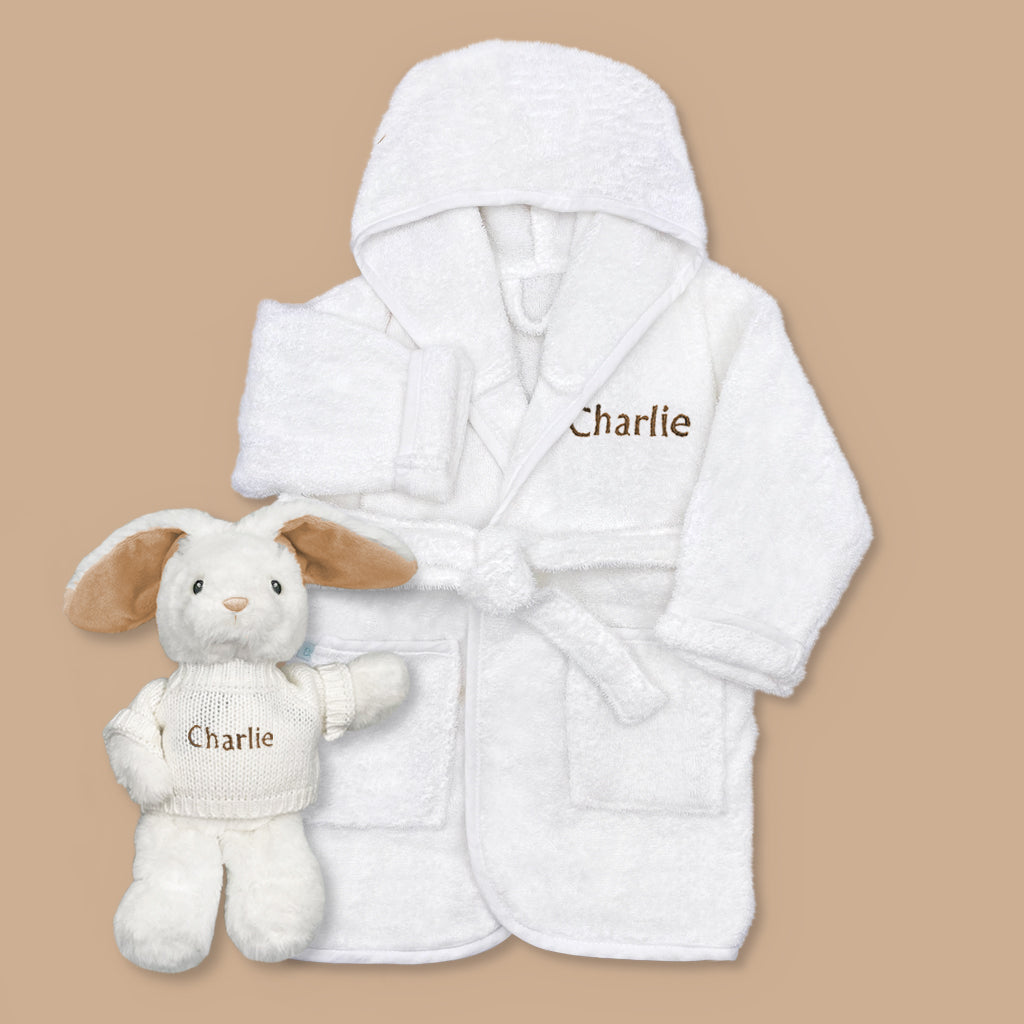 Personalised Little Bunny and Bathrobe New Baby Hamper, Beige 