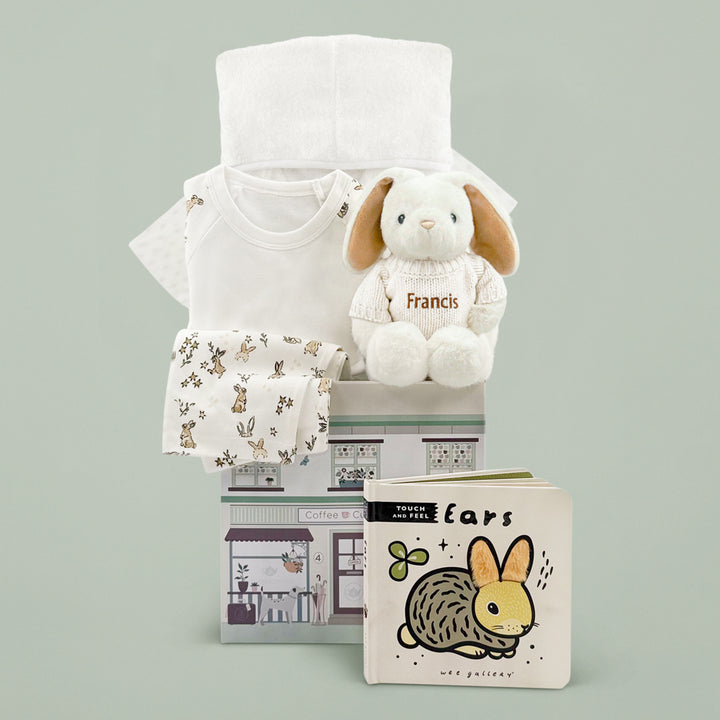 Personalised Bunny Bath and Bedtime Hamper with Board Book New Baby Gift.