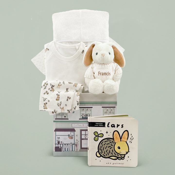Personalised Little Bunny Bath and Bedtime Hamper with Touch and Feel Sensory Book