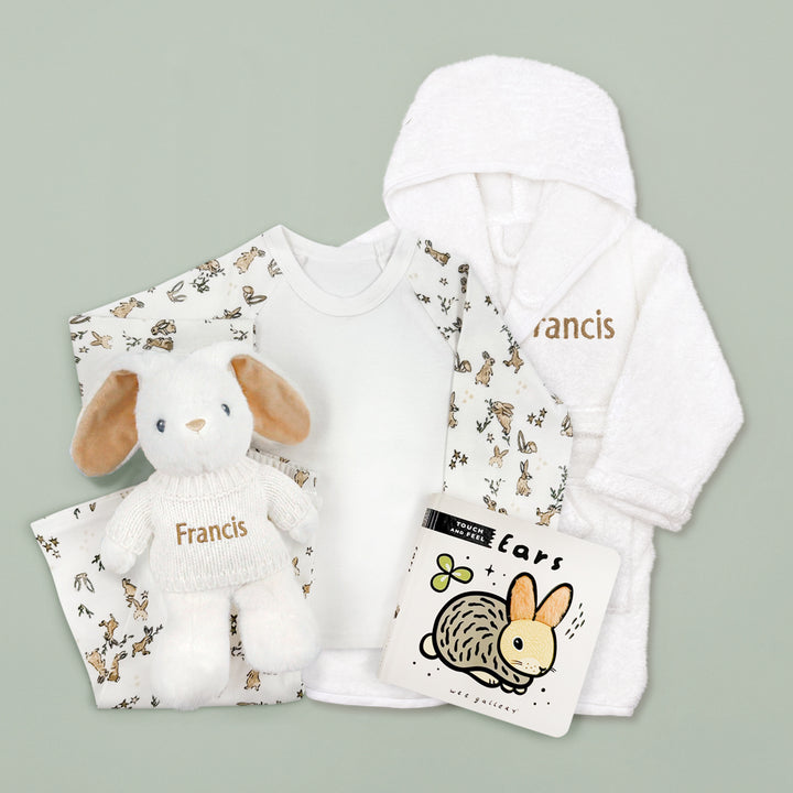 Personalised Little Bunny Bath and Bedtime Hamper with Touch and Feel Sensory Book