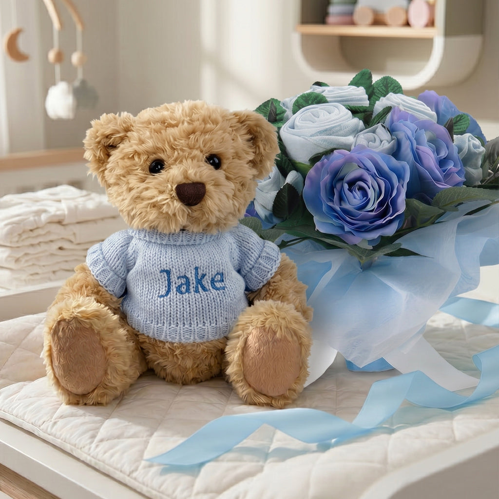 Personalised Bertie Bear with Blue Luxury Rose Baby Clothes Bouquet