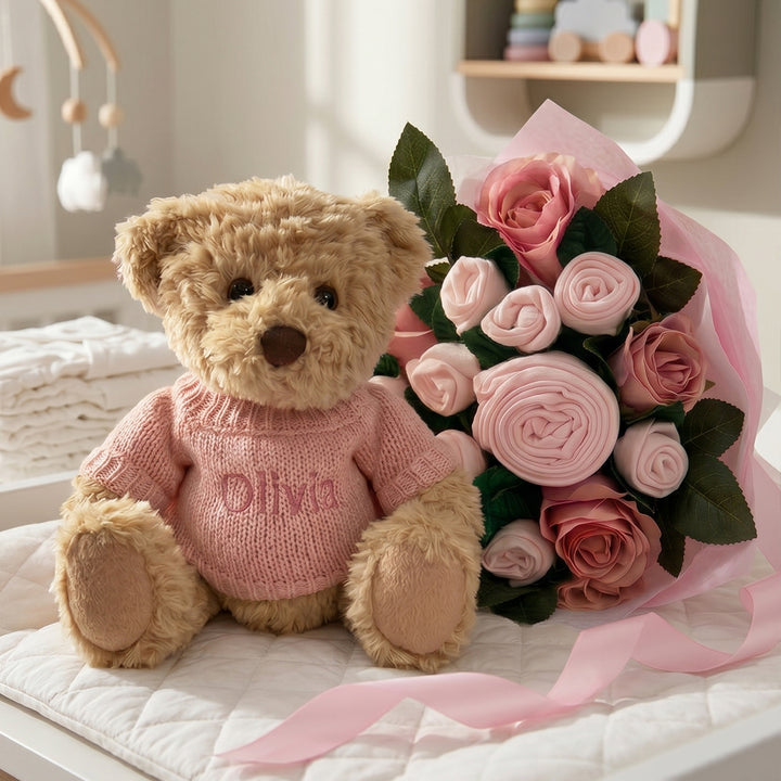 Personalised Bertie Bear with Pink Luxury Rose Baby Clothes Bouquet