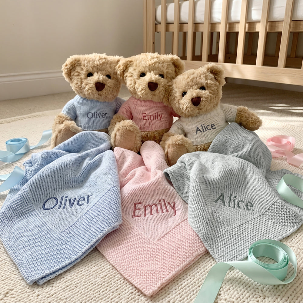 Personalised Bertie Bears and Blankets New Baby Gift 