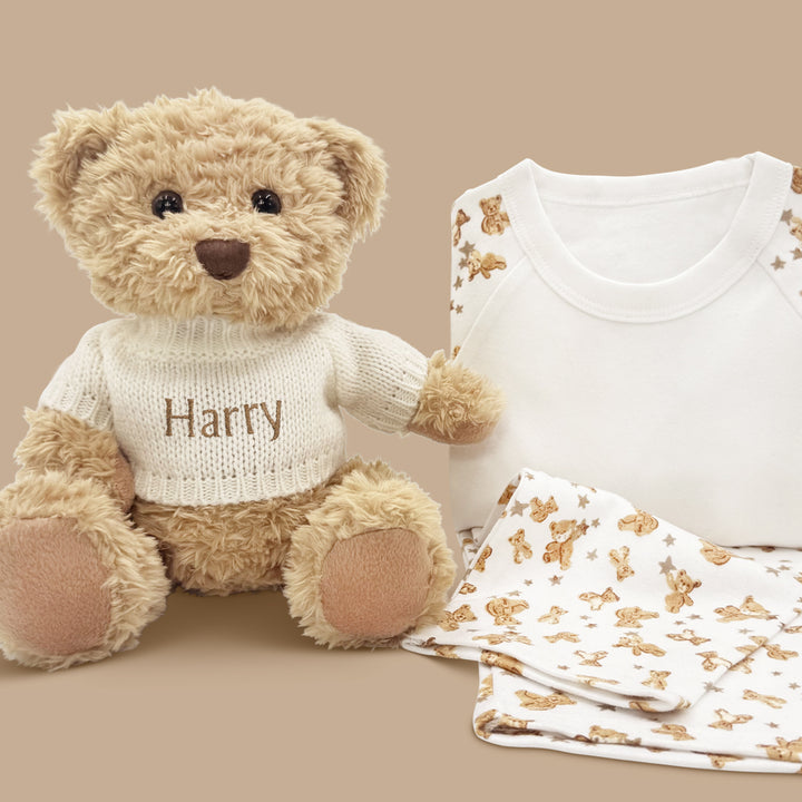 Personalised Bertie Bear Soft Toy with Teddy Bear Baby Pyjamas