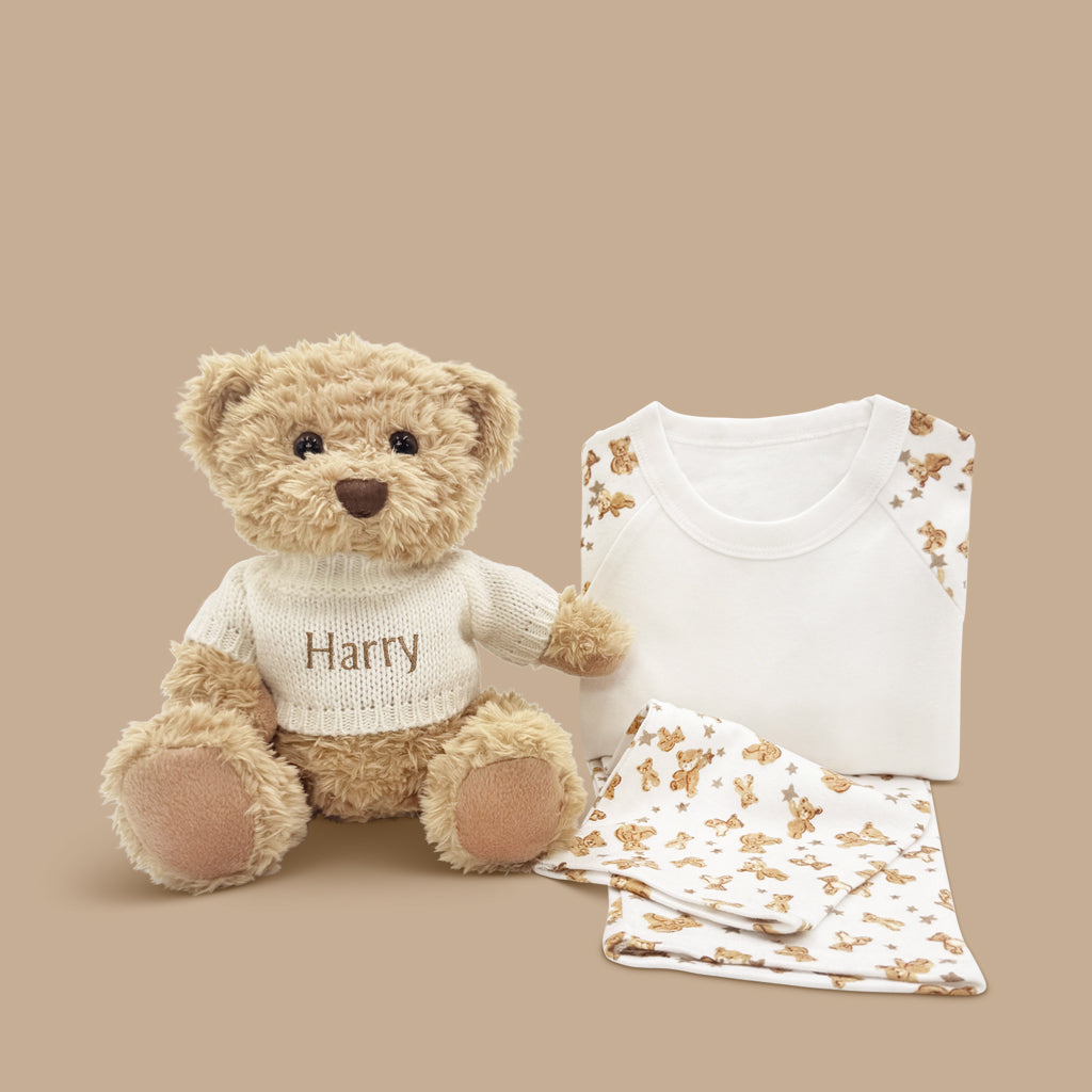 Personalised Bertie Bear Soft Toy with Teddy Bear Baby Pyjamas