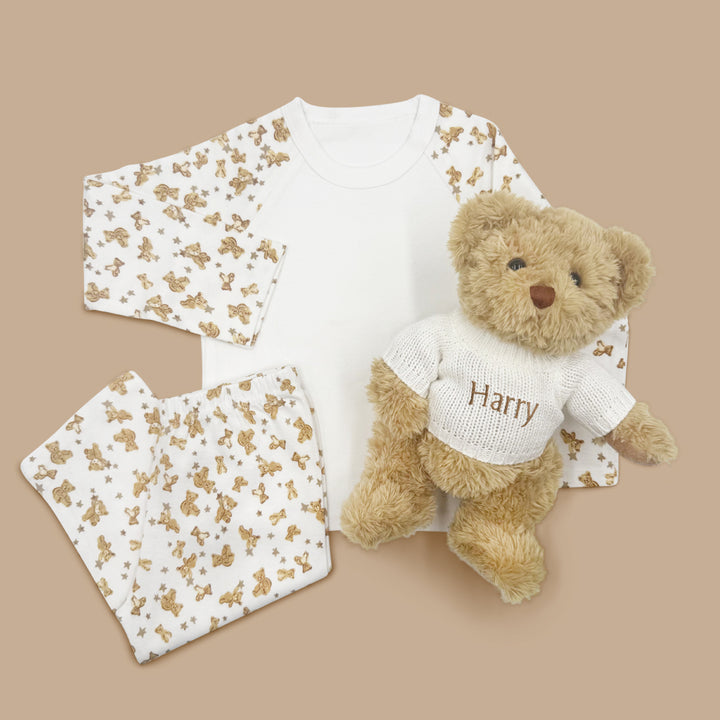 Personalised Bertie Bear Soft Toy with Teddy Bear Baby Pyjamas