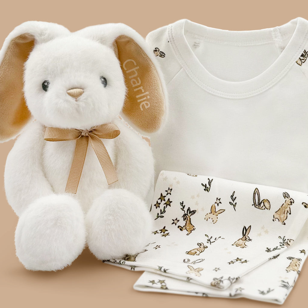 Personalised Little Beige Bunny Soft Toy with Baby Pyjamas