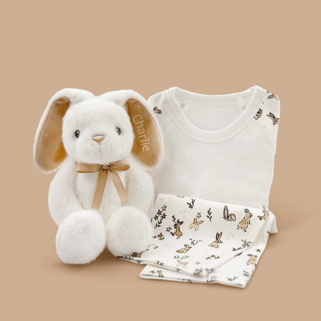 Personalised Beige Bunny Soft Toy with Baby Pyjamas 