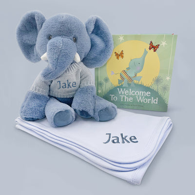 Baby Boy Gift Personalised Elephant Soft Toy With Blanket And Book