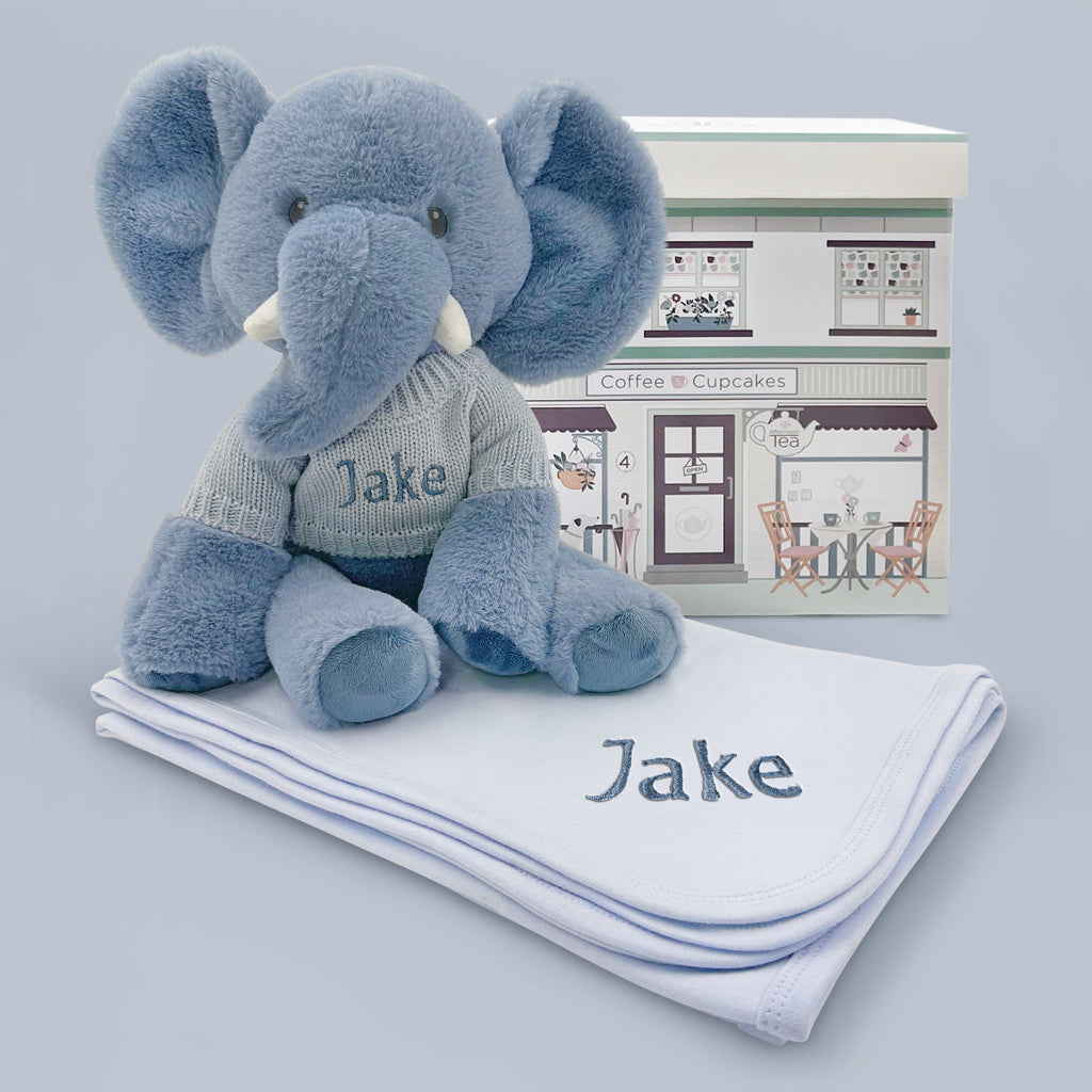 Baby Boy Gift Personalised Elephant Soft Toy With Blanket And Book