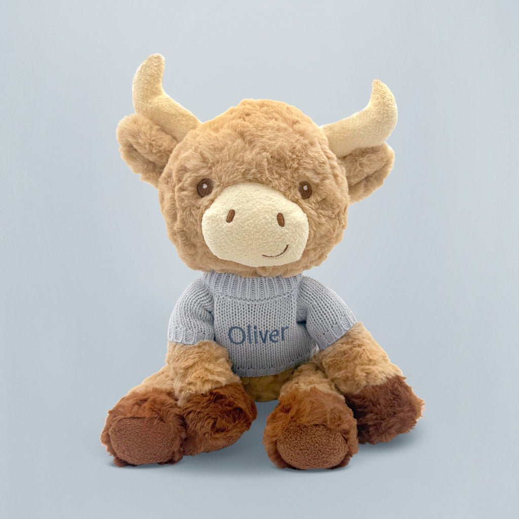 Personalised Highland Cow Soft Toy, Blue