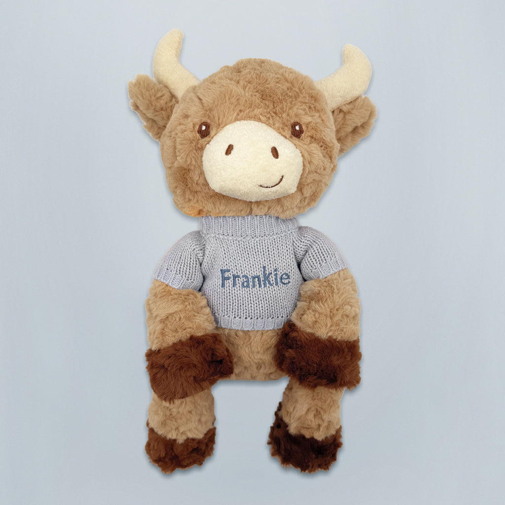 Personalised Highland Cow Soft Toy, Blue