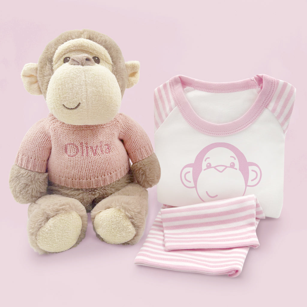 First Birthday Gift Personalised Monkey Soft Toy With Baby Pyjamas Pink