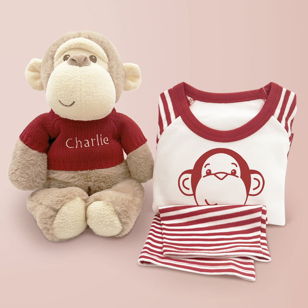 First Birthday Gift Personalised Monkey Soft Toy With Baby Pyjamas Red