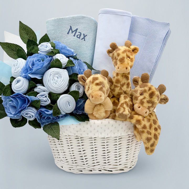 Personalised Three Little Giraffes Luxury New Baby Gift Hamper, Blue