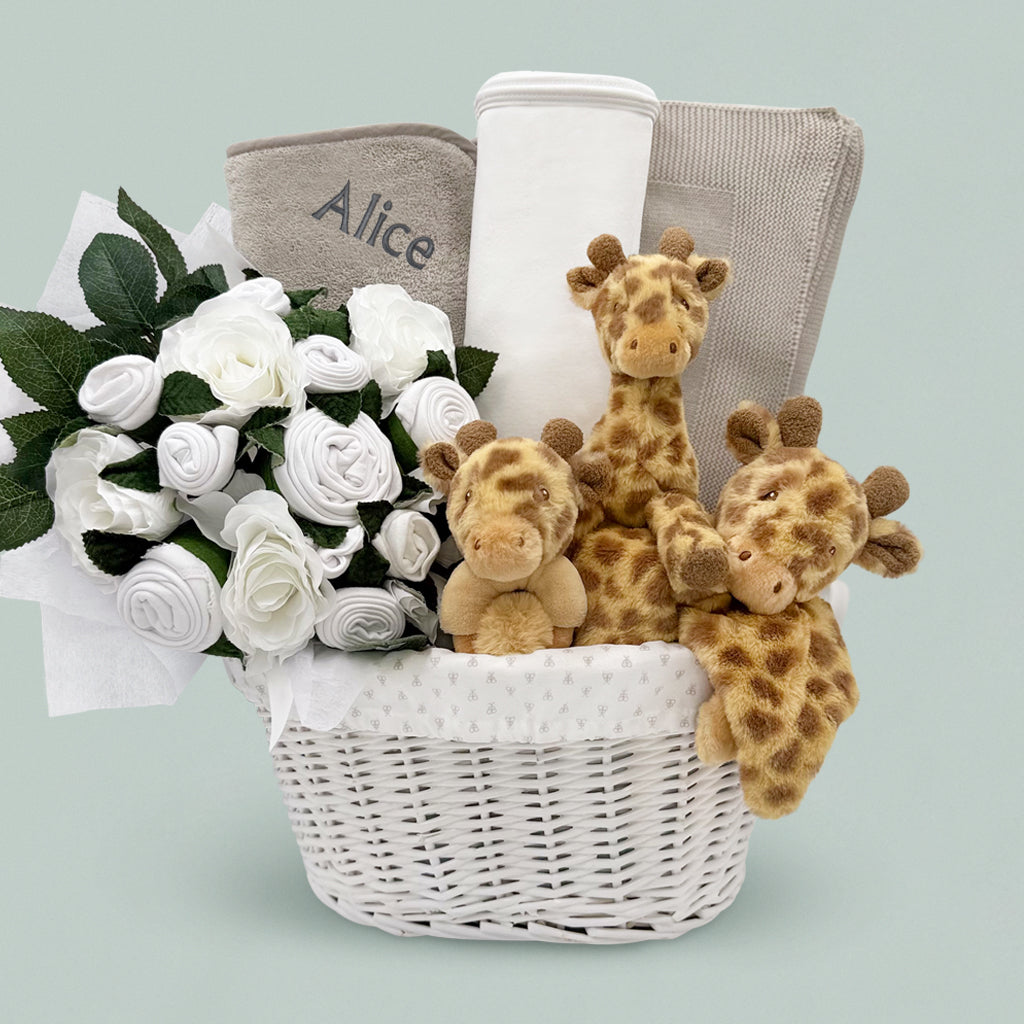 Personalised Three Little Giraffes Luxury New Baby Gift Hamper, Neutral