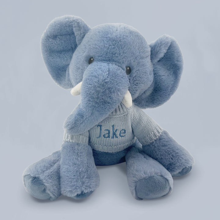 Personalised Esme Elephant Soft Toy With Snuggle Wrap, Blue