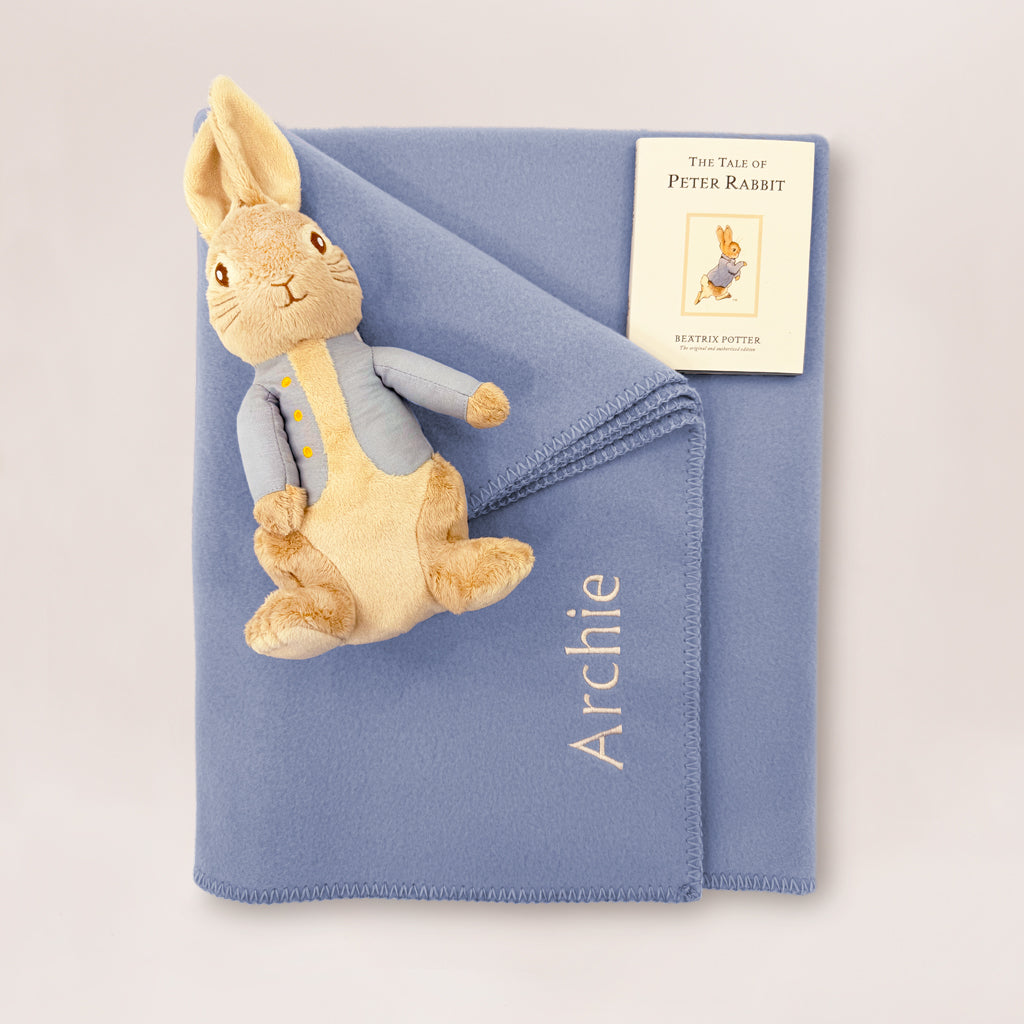 Large Peter Rabbit Soft Toy with Book and Personalised Fleece Blanket Gift Set
