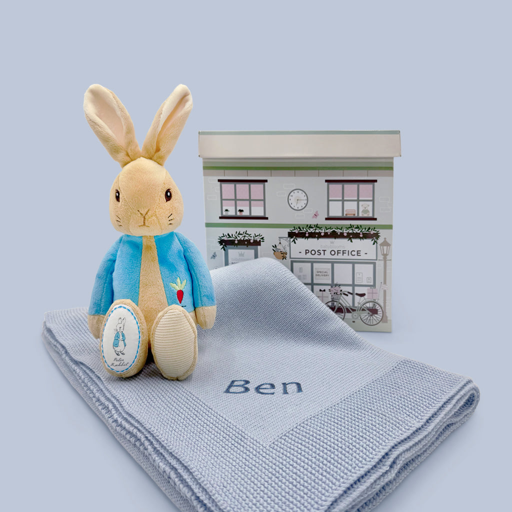 Peter Rabbit Soft Toy and Personalised Blue Blanket | Gift Sets ...
