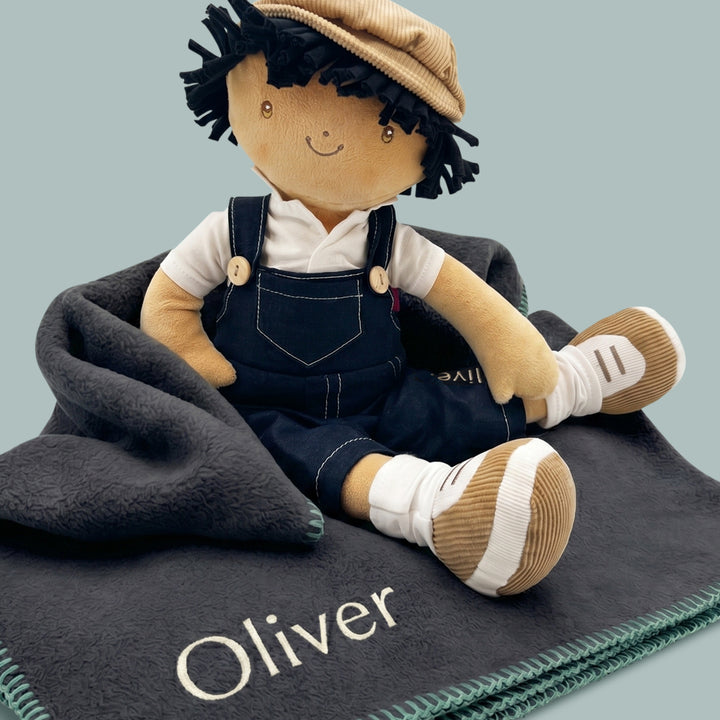 Personalised Baby Boy Rag Doll and Navy Fleece Blanket