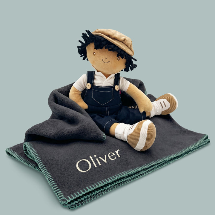 Personalised Baby Boy Rag Doll and Navy Fleece Blanket