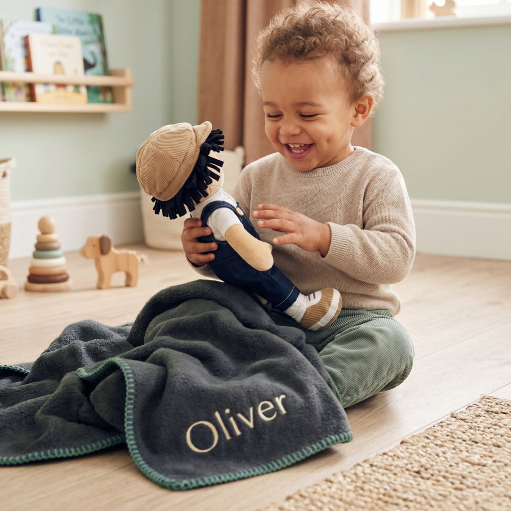 Personalised Baby Boy Rag Doll and Navy Fleece Blanket