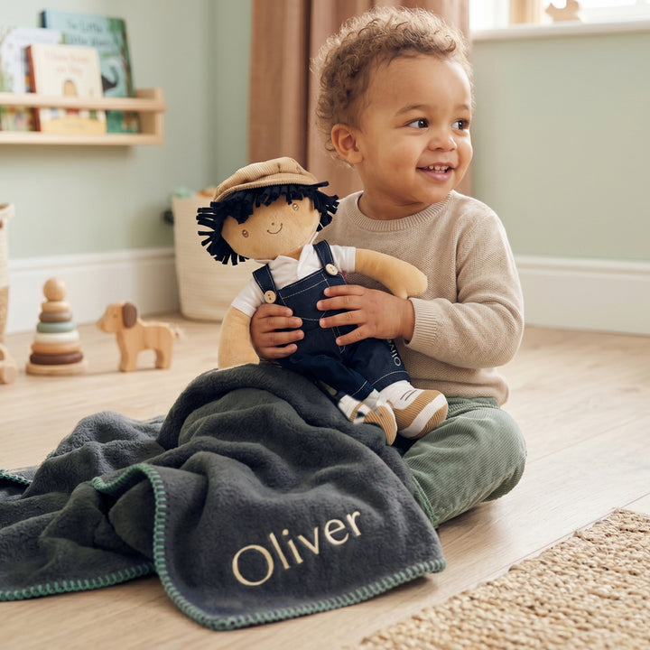 Personalised Baby Boy Rag Doll and Navy Fleece Blanket