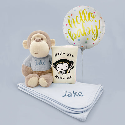 Baby Boy Gift Set Personalised Monkey Soft Toy With Blue Balloon