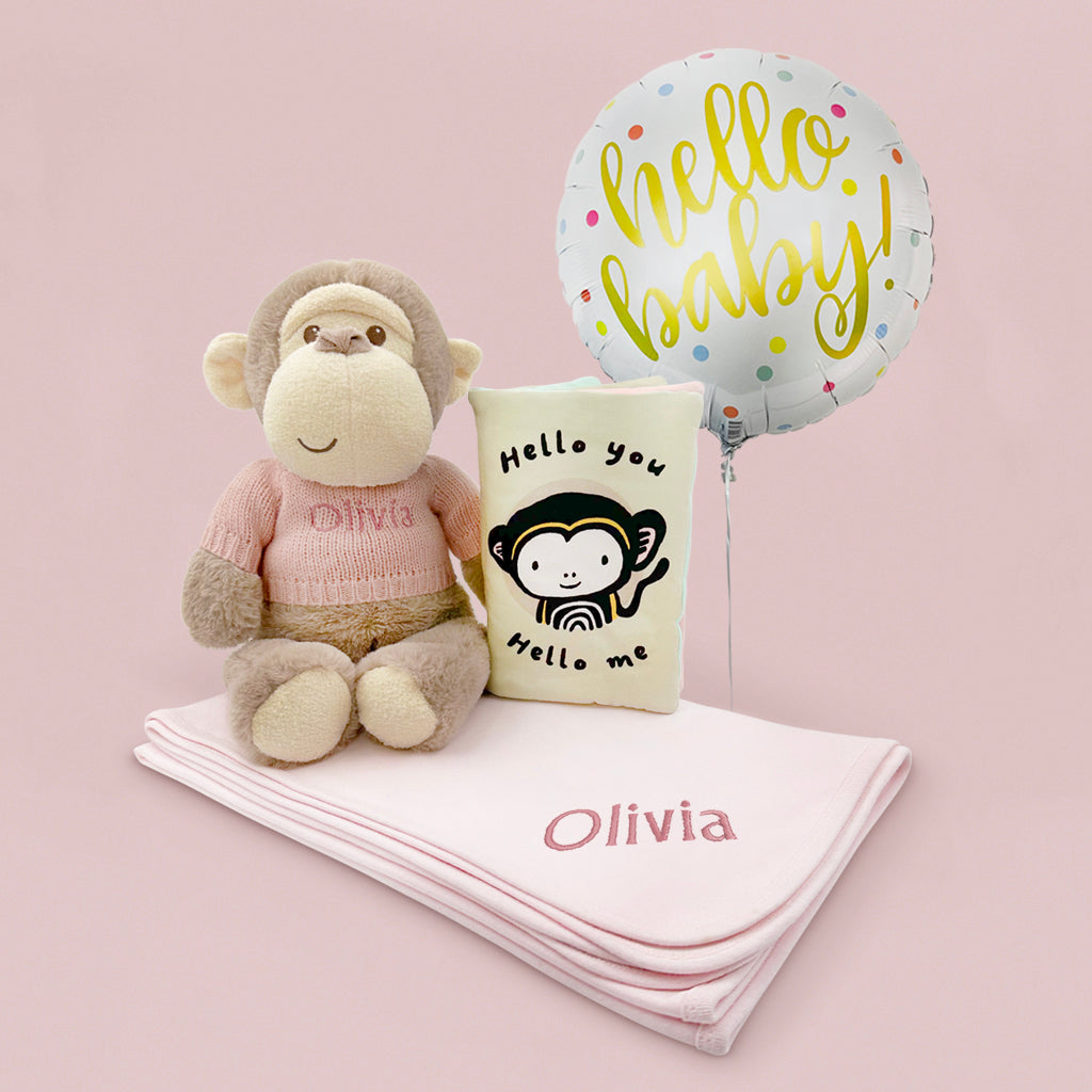 Baby Boy Gift Set Personalised Monkey Soft Toy With Pink Balloon