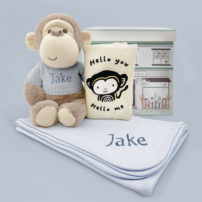 Personalised Morris Monkey Soft Toy Gift Set With Hello Baby Balloon, Blue