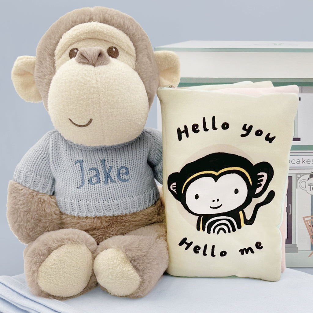 Personalised Morris Monkey Soft Toy Gift Set With Hello Baby Balloon, Blue