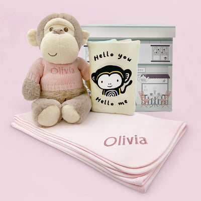 Personalised Morris Monkey Soft Toy Gift Set With Hello Baby Balloon, Pink