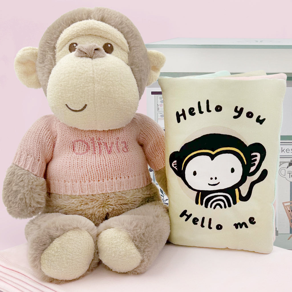 Personalised Morris Monkey Soft Toy Gift Set With Hello Baby Balloon, Pink