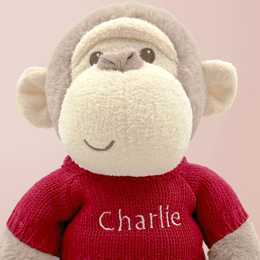 Personalised Morris Monkey Soft Toy With Baby Pyjamas, Red
