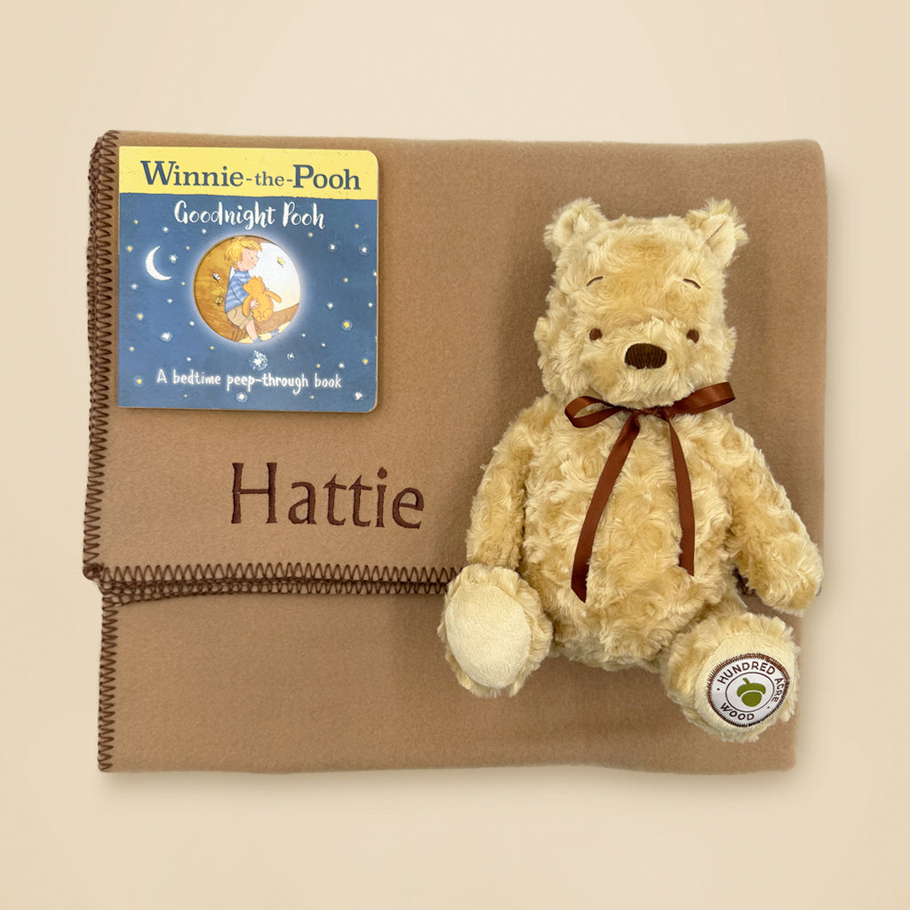 Personalised Fleece Blanket with Winnie-the-Pooh Soft Toy and Book