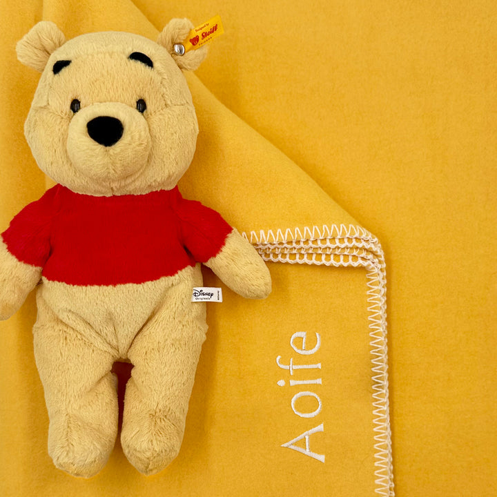 Personalised Yellow Fleece Blanket with Steiff Winnie the Pooh Soft Toy