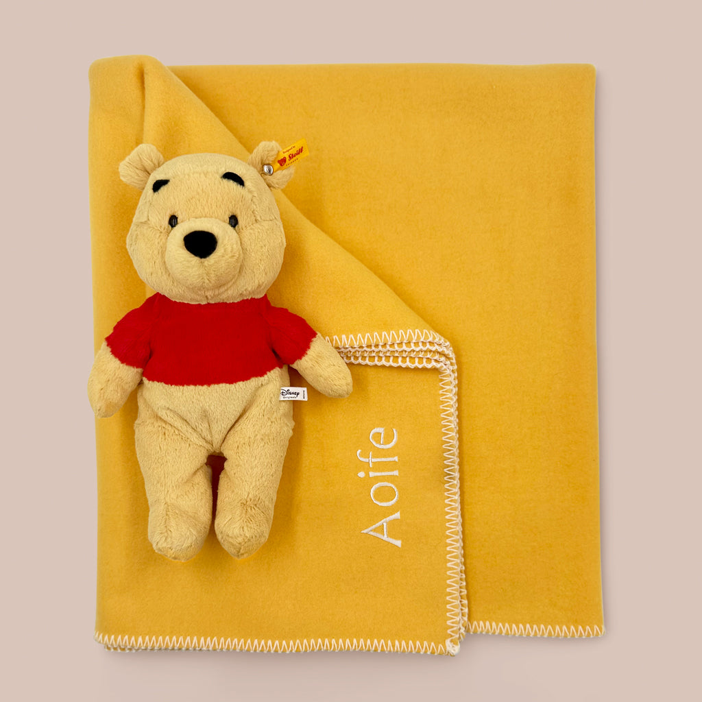 Steiff Winnie the Pooh Soft Toy with Personalised Yellow Fleece Blanket 