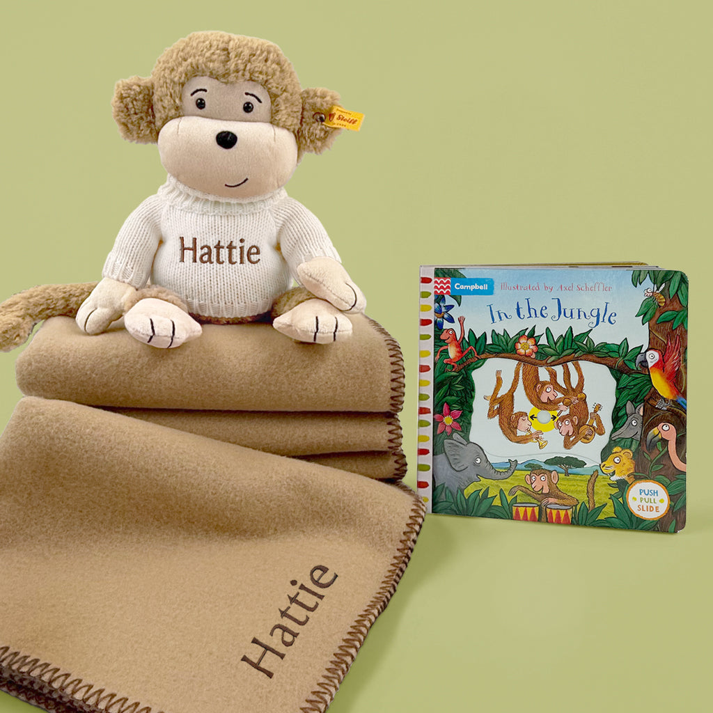 Personalised Steiff Brownie Monkey and Fleece Blanket with In The Jungle Board Book