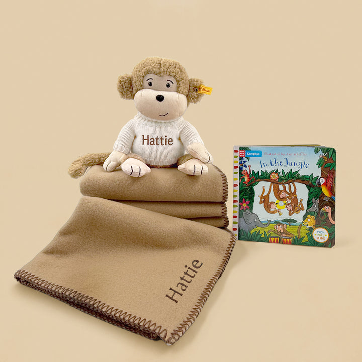 Personalised Steiff Brownie Monkey and Fleece Blanket with In The Jungle Board Book