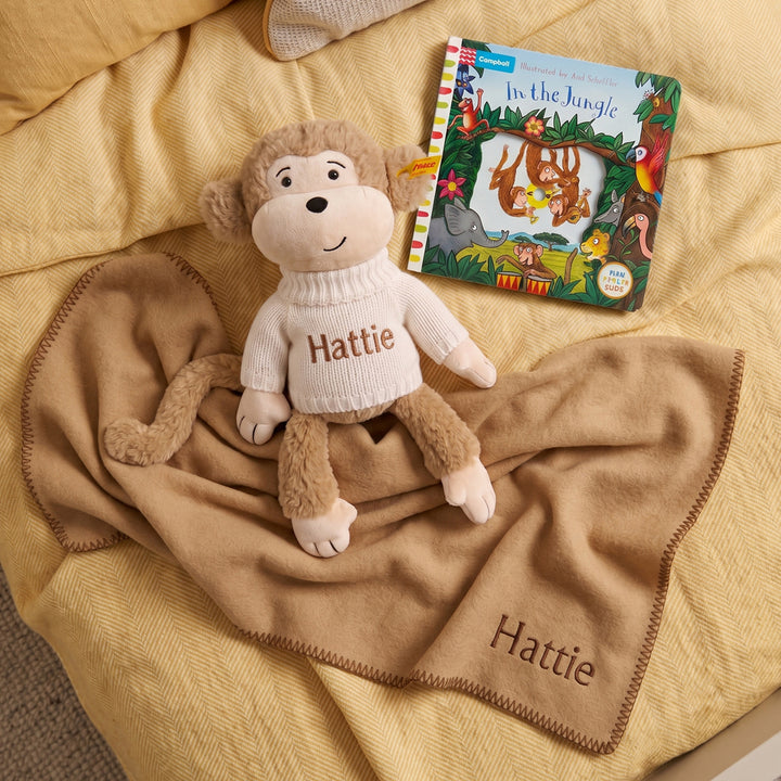 Personalised Steiff Brownie Monkey and Fleece Blanket with In The Jungle Board Book