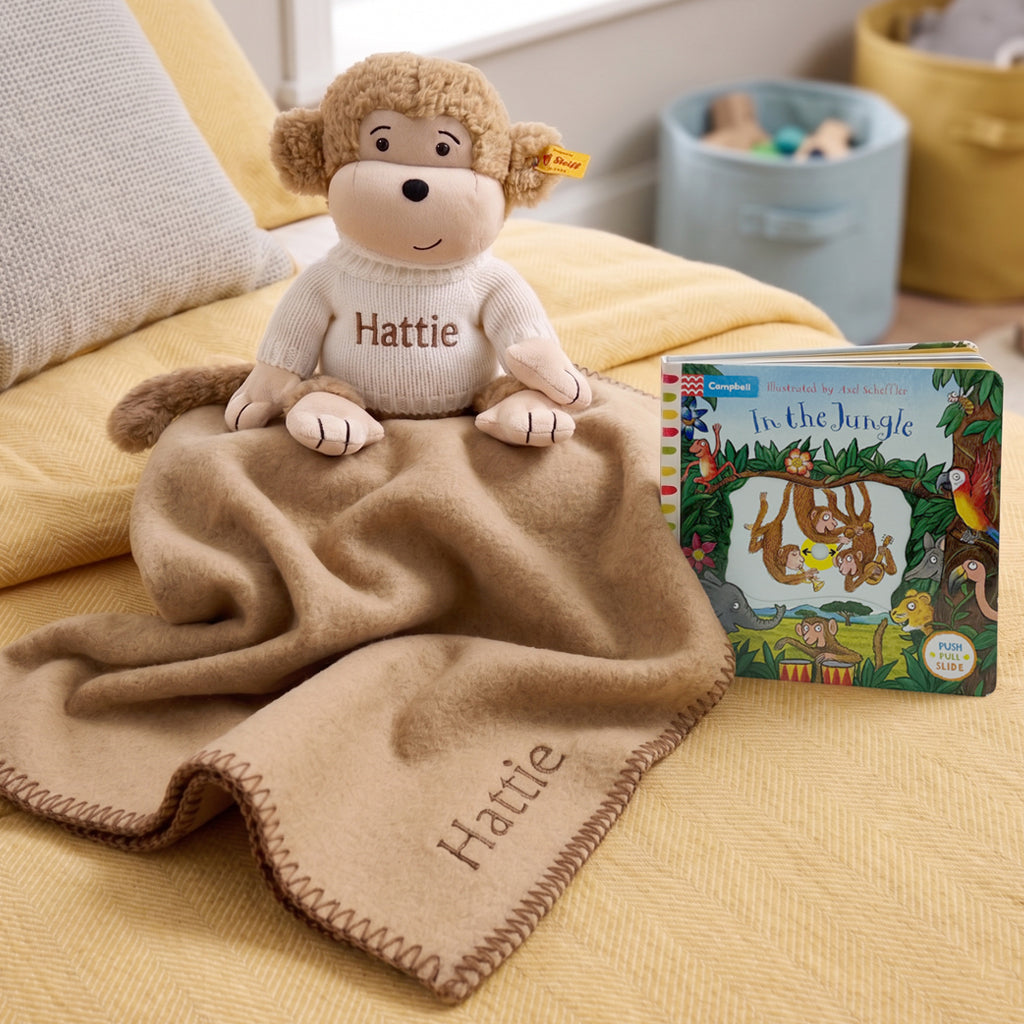 Personalised Steiff Brownie Monkey and Fleece Blanket with In The Jungle Board Book