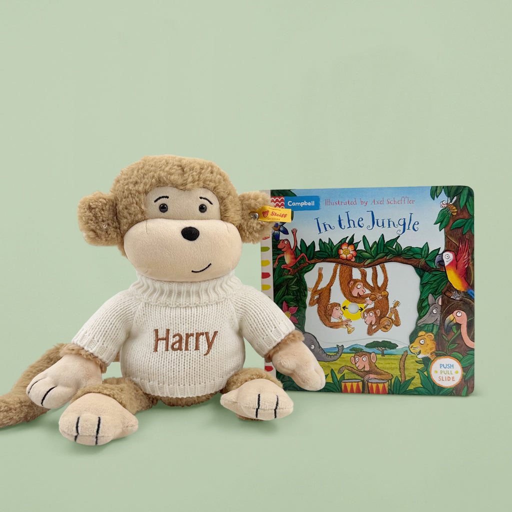 Personalised Steiff Brownie Monkey Soft Toy and In The Jungle Board Book