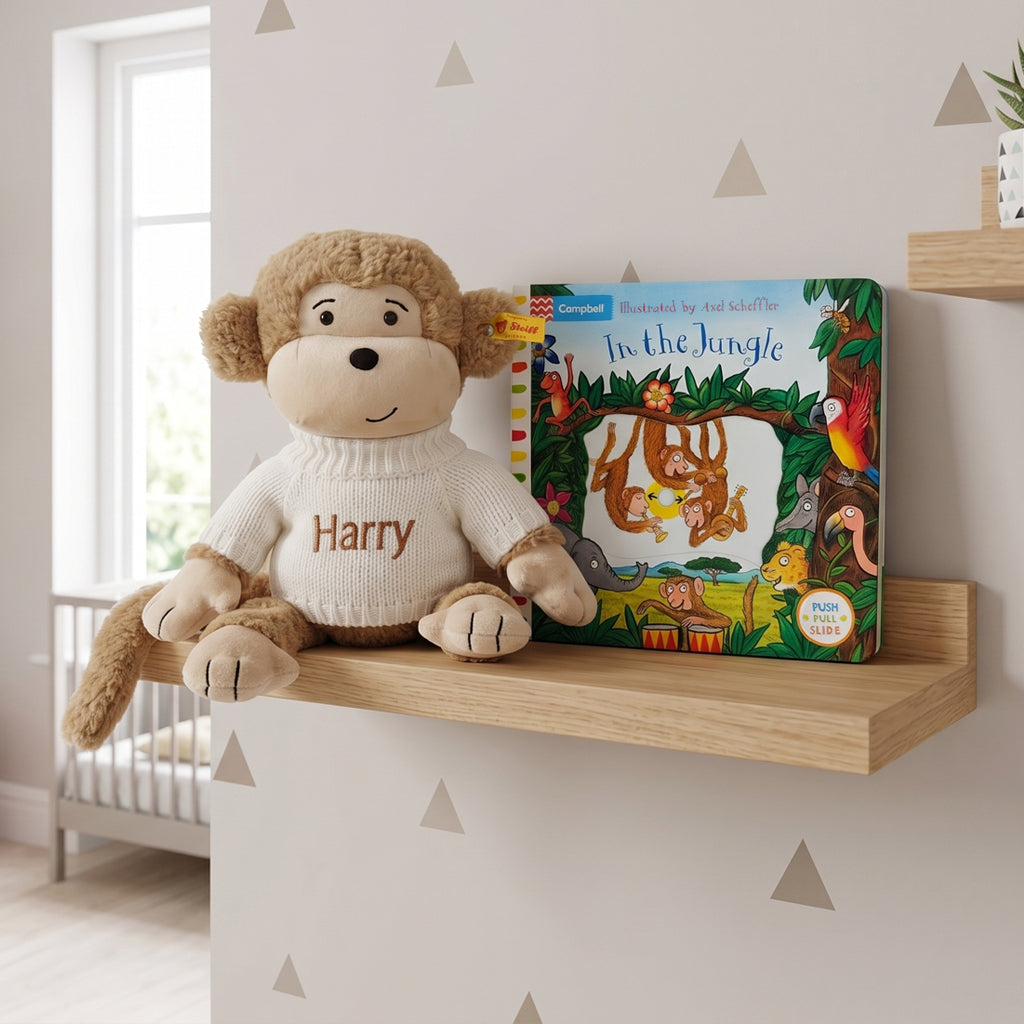 Personalised Steiff Brownie Monkey Soft Toy and In The Jungle Board Book