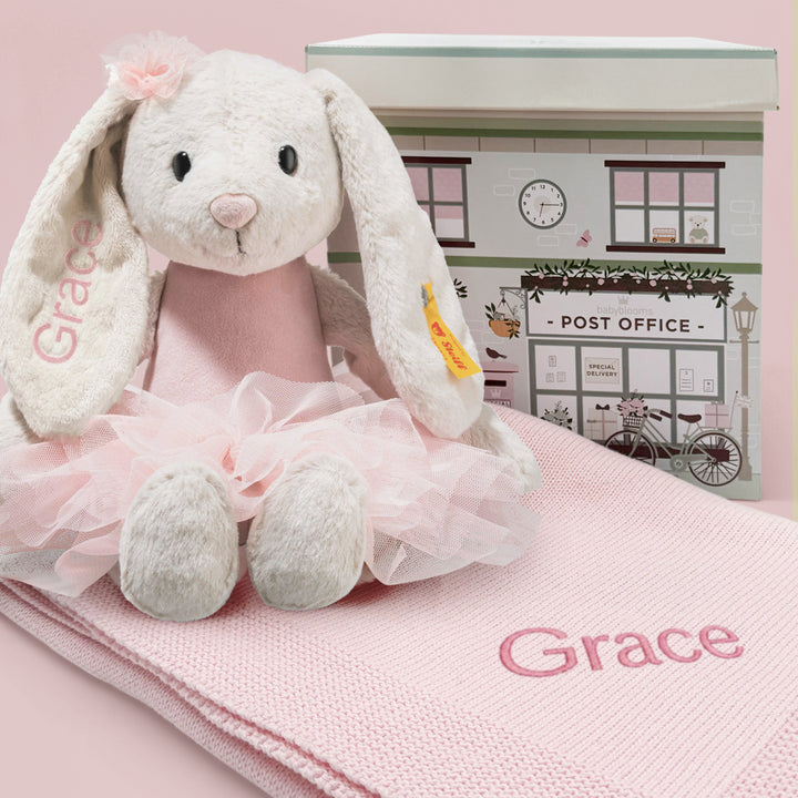 Personalised Steiff Hoppie Ballet Rabbit and Knitted Blanket Baby Gift Set