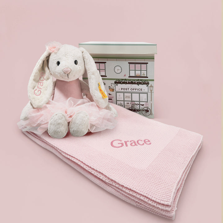 Personalised Steiff Hoppie Ballet Rabbit and Knitted Blanket Baby Gift Set