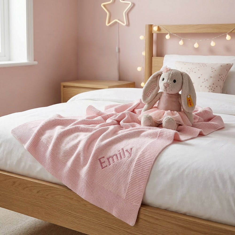 Personalised Steiff Hoppie Ballet Rabbit and Knitted Blanket Baby Gift Set